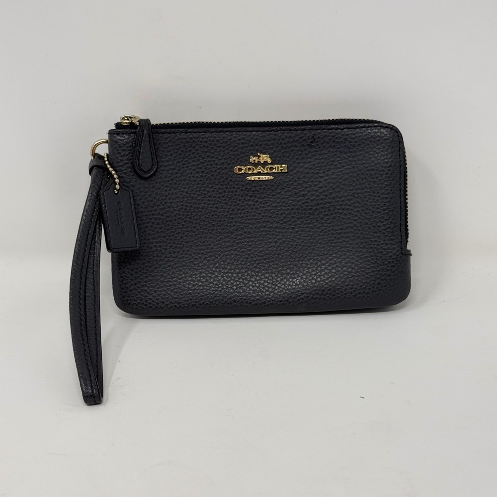 Coach Double Zip Wristlet Black Pebble Leather Gold Hardware Bag‎ F87591